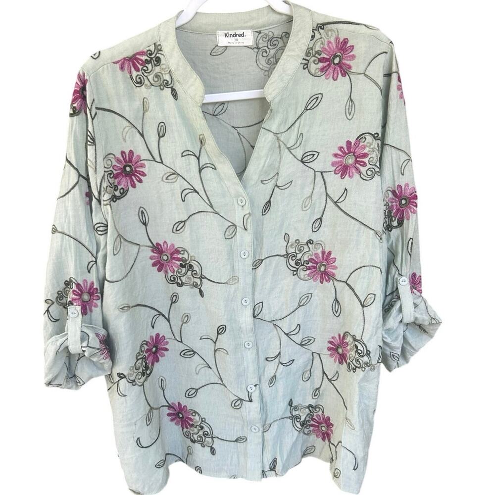 Kindred 1X Sage Green Embroidered Floral Button Front Boho Blouse Top